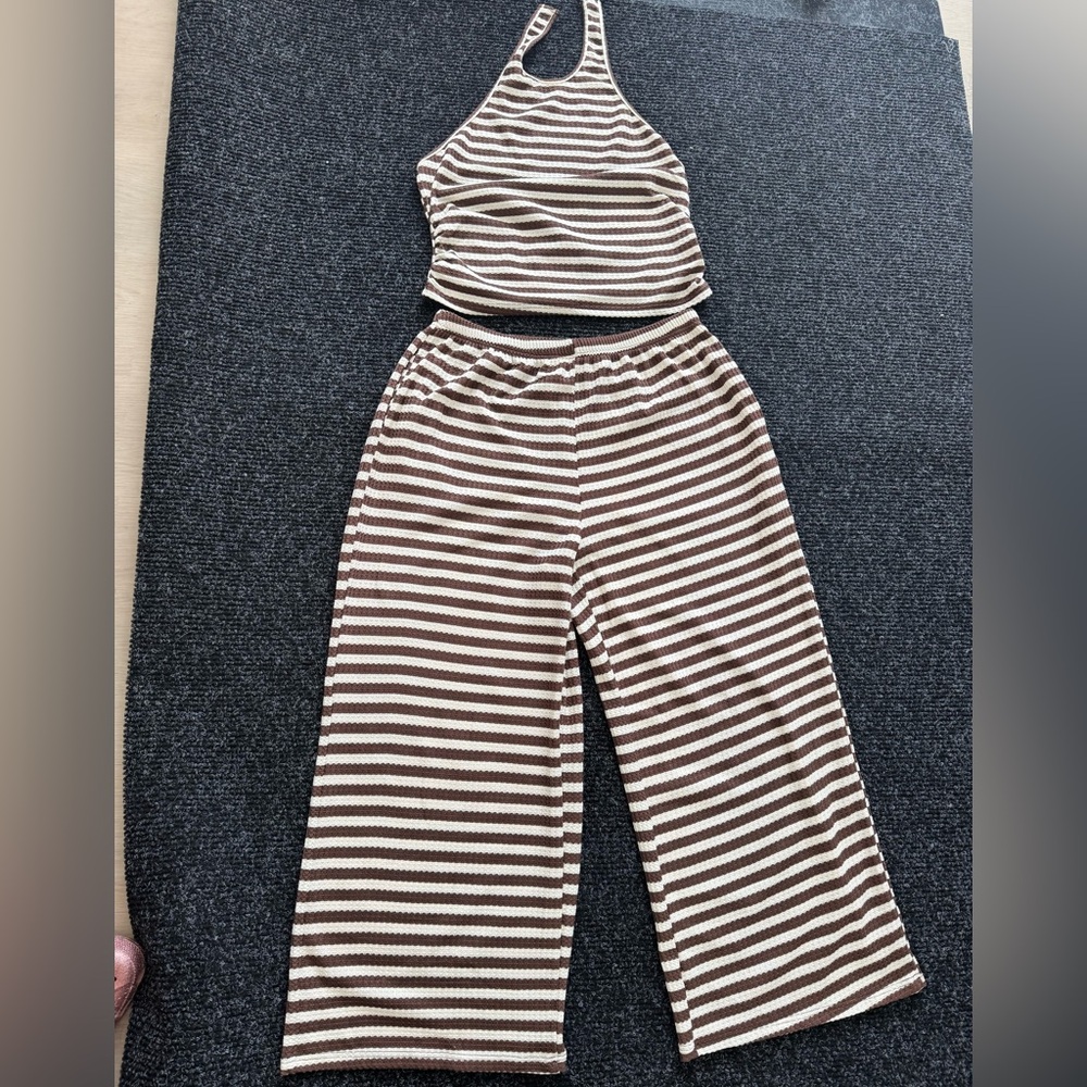Striped Brown & Cream Ribbed Tank and Wide-Leg Pants Set